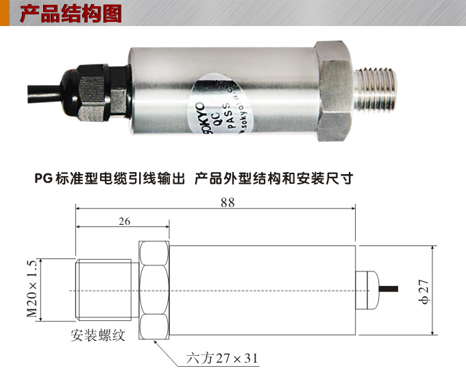 專(zhuān)用壓力變送器,PG1110試驗(yàn)機(jī)專(zhuān)用壓力傳感器結(jié)構(gòu)圖