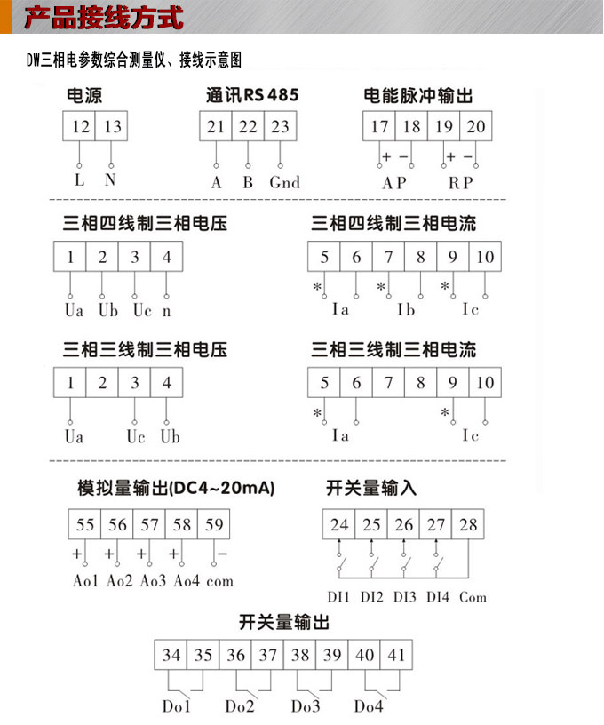 網(wǎng)絡電力儀表,DW93-5000多功能復費率表接線圖