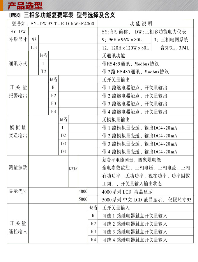 網(wǎng)絡(luò)電力儀表,DW93-4000多功能復(fù)費率表選型圖