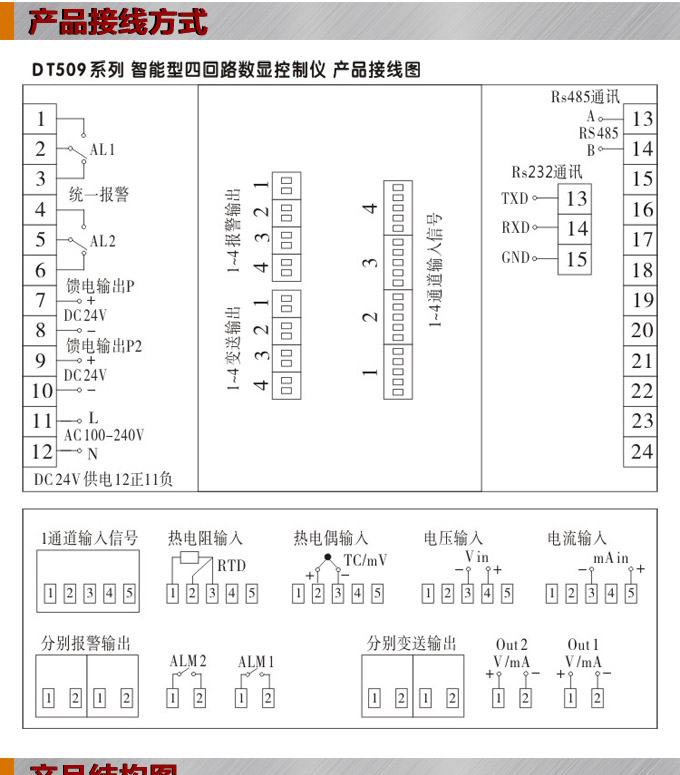 數(shù)顯控制儀，DT509智能四回路數(shù)顯表，多回路巡檢控制儀產(chǎn)品接線方式