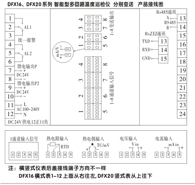 溫度巡檢儀，DFX20多回路溫度巡檢儀，多回路巡檢控制儀接線方式1