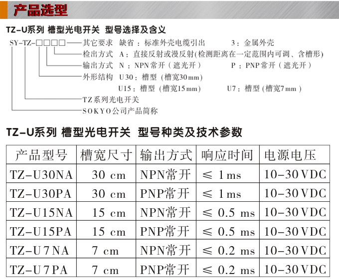 光電開關(guān)，TZ-U槽形光電開關(guān)，光電傳感器產(chǎn)品選型