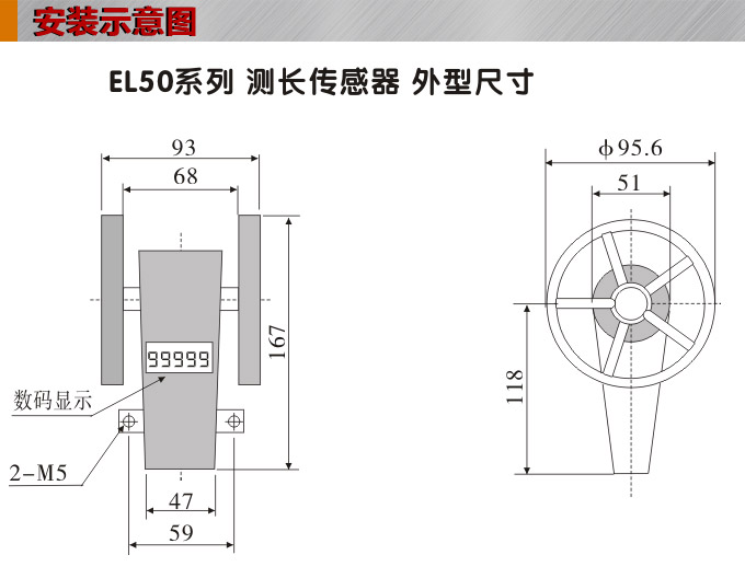 測(cè)長(zhǎng)傳感器,EL50計(jì)長(zhǎng)傳感器,米輪,旋轉(zhuǎn)編碼器安裝示意圖