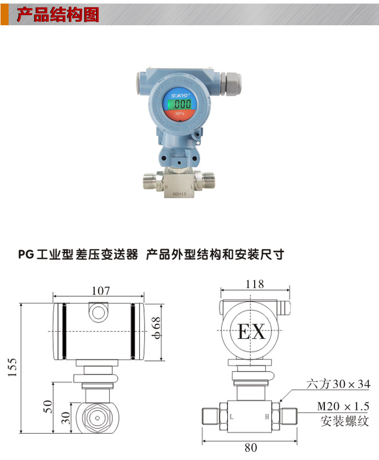 數(shù)顯差壓變送器,PG1300DY差壓變送器結(jié)構(gòu)圖